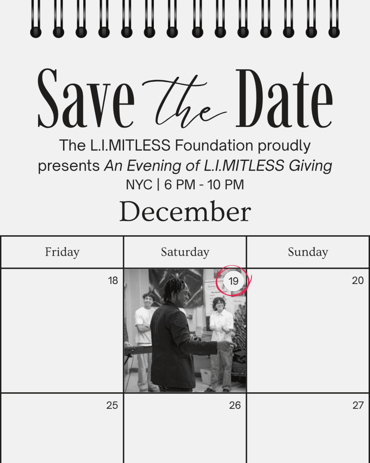 Save the Date: An Evening of Limitless Giving, Saturday, December 19th